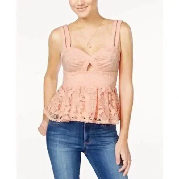 New Material Girl Petal Pink Lace Ruffled Peplum Keyhole Sweetheart Camisole Top - Picture 1 of 6